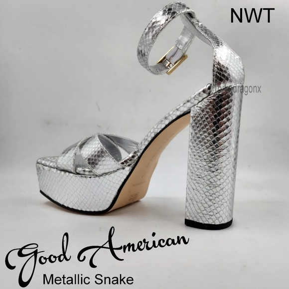 NWT Metallic Snake Platforms Open Toe Silver Block Heel Sandals Ankle Strap Lock - Picture 8 of 16